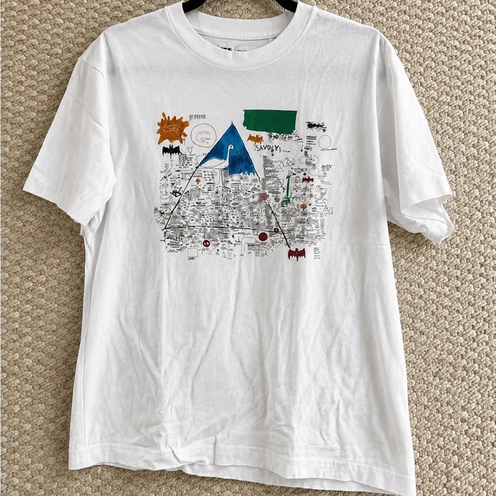 Uniqlo White Tee with Blue Mountain & Multicolor Graphic
